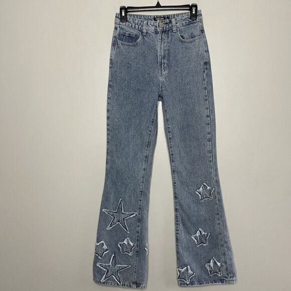 NASTY GAL Flared Jeans Womens 4 High Rise Distressed Applique Stars Festival - Picture 1 of 13